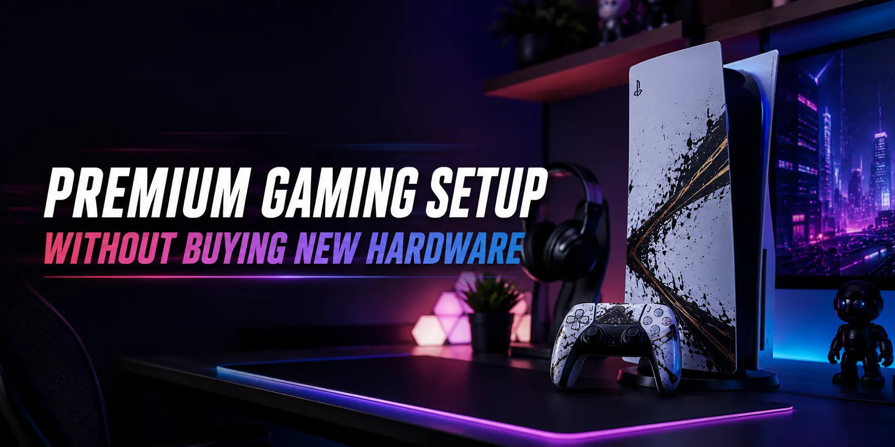 Premium gaming setup with a customized PS5, Xbox, matching controller skins, RGB lighting, and a clean desk aesthetic.