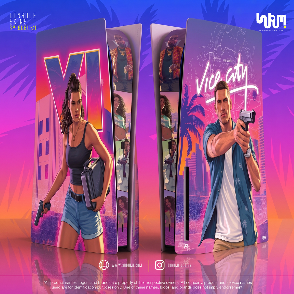 SUBUMI's GTA VI console skin applied to a PlayStation 5, showing the neon-lit original artwork across the front panel.