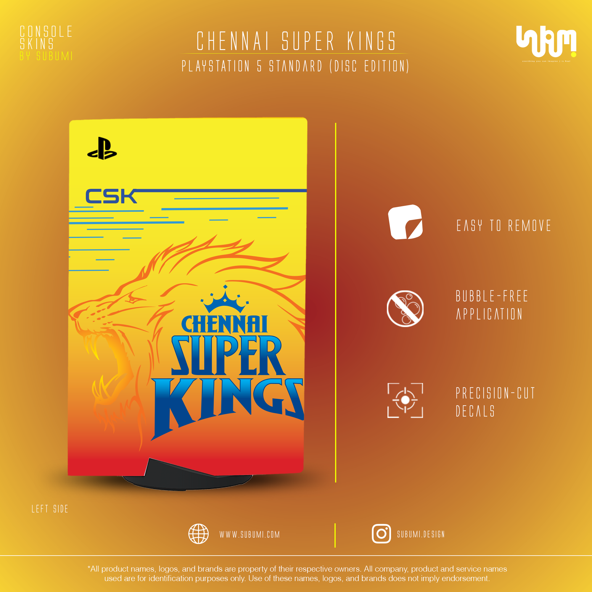 Chennai Superkings IPL inspired Console Skin by SUBUMI for Playstation 5 Standard Disc