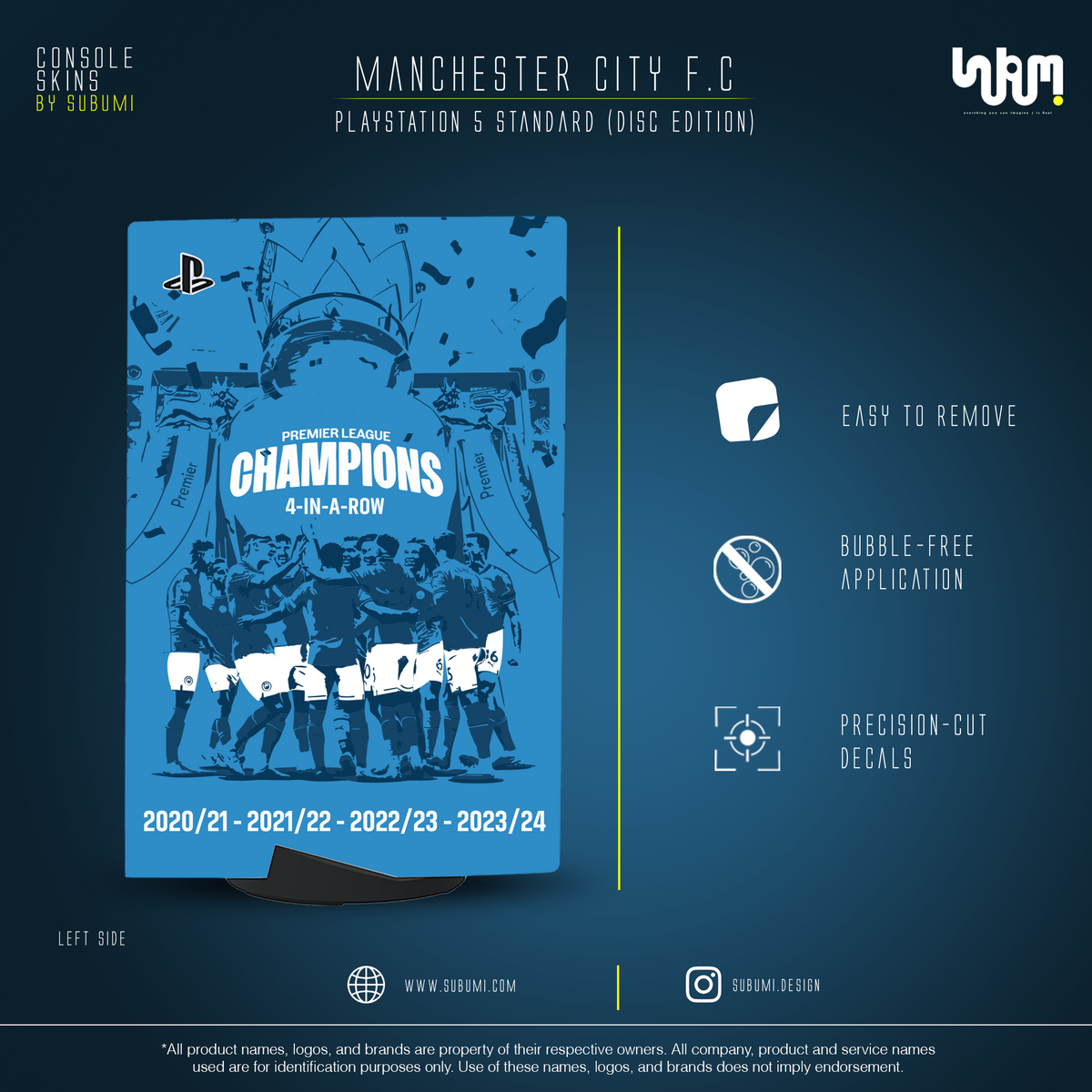 Manchester City Console Skin by SUBUMI — PS5 Standard Disc, left side
