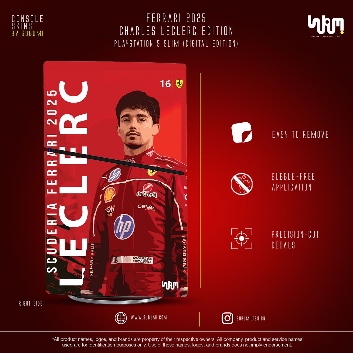 Ferrari x Charles Leclerc Console Skin by SUBUMI — PS5 Slim Digital, right side