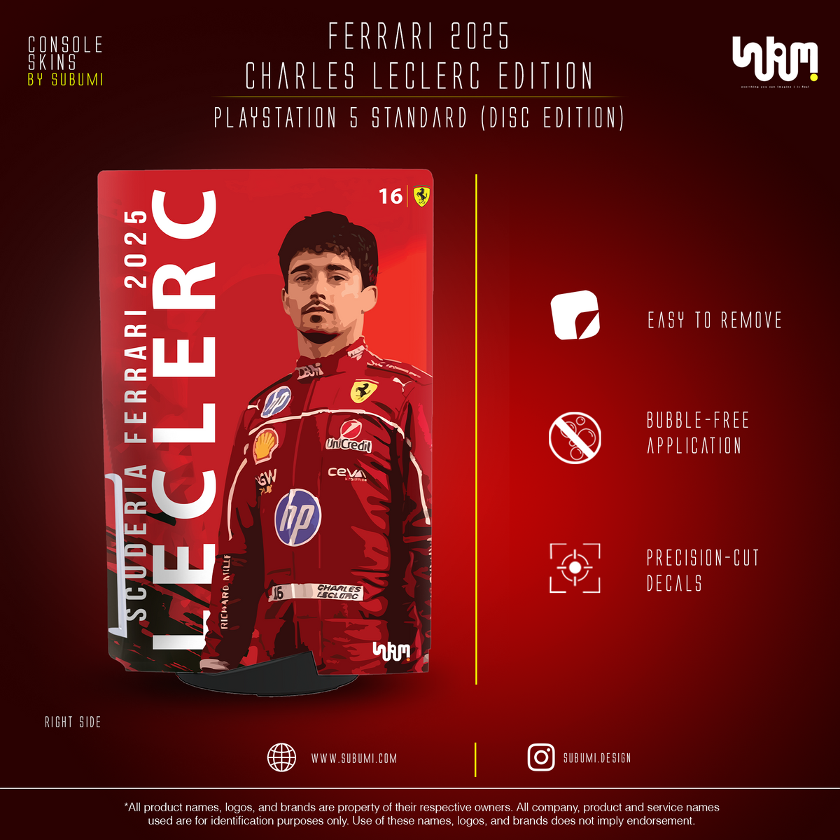 Ferrari x Charles Leclerc Console Skin by SUBUMI — PS5 Standard Disc, right side