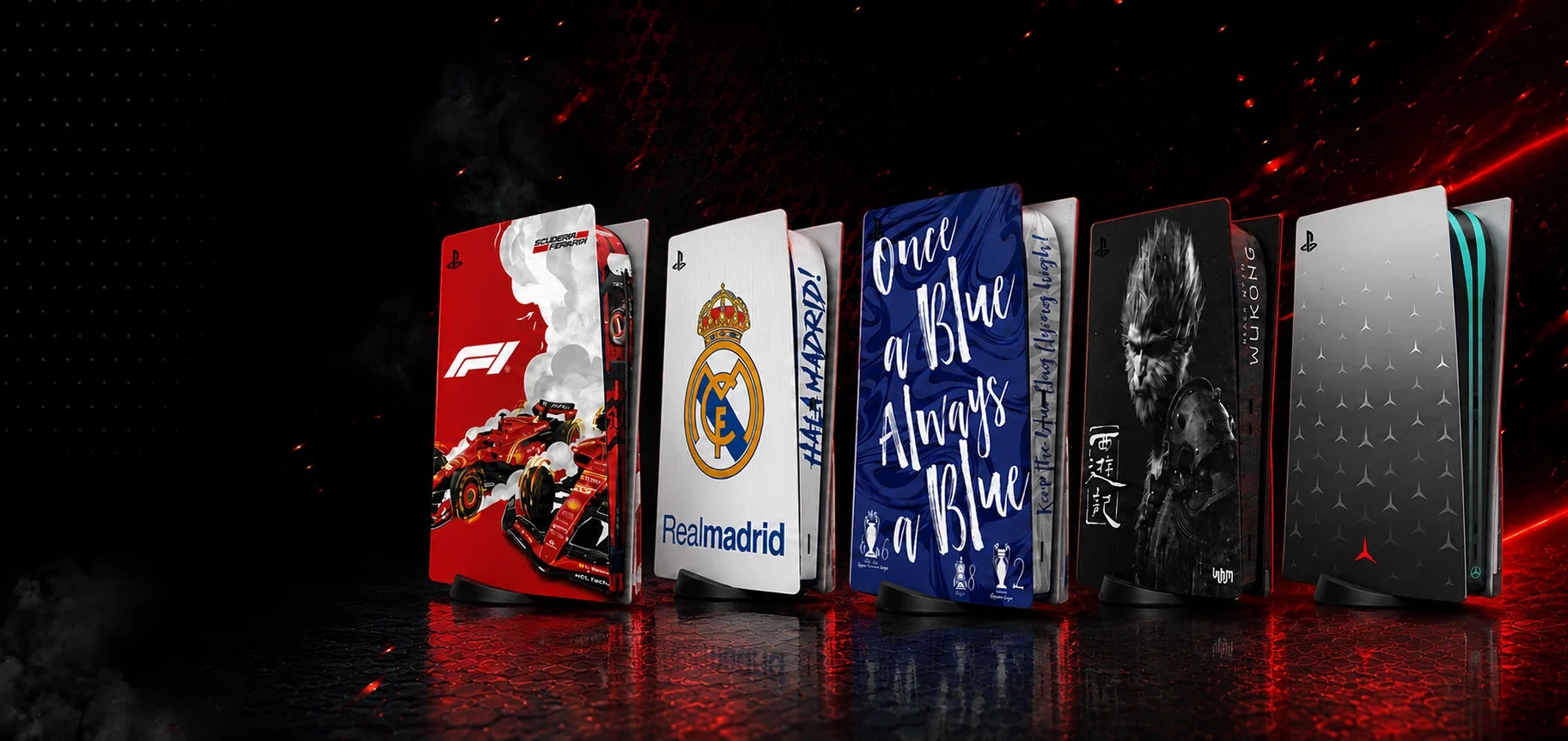 PS5 console skins — F1 Ferrari, Real Madrid, Chelsea, Black Myth Wukong