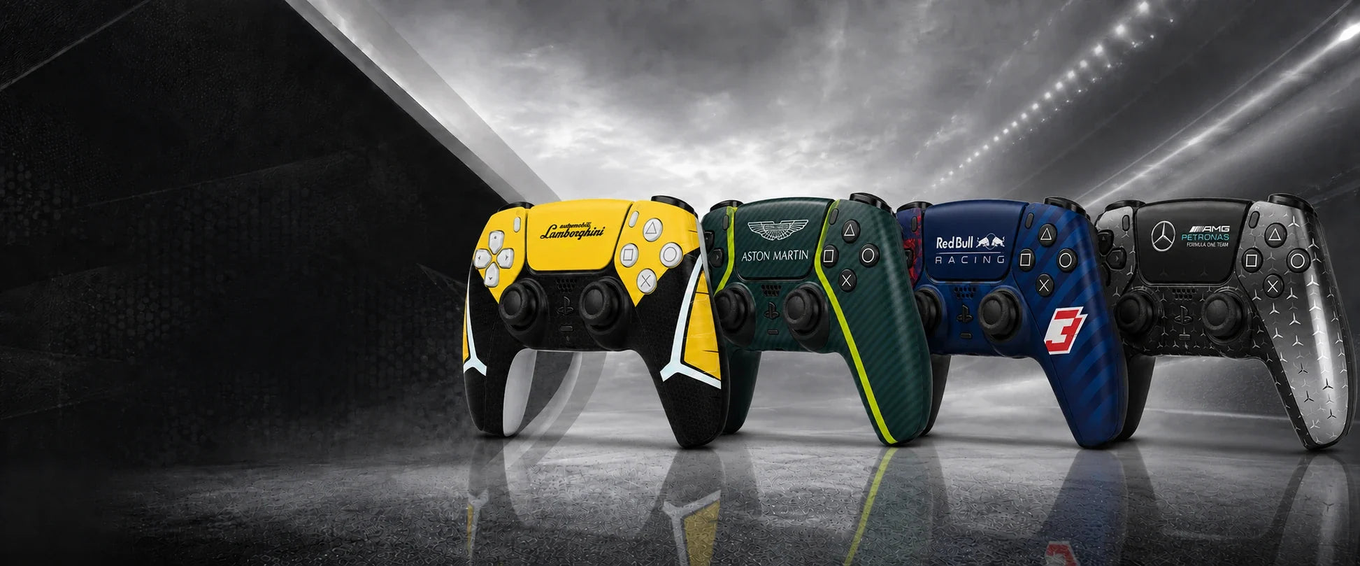 DualSense controller skins — Lamborghini, Aston Martin, Red Bull, AMG