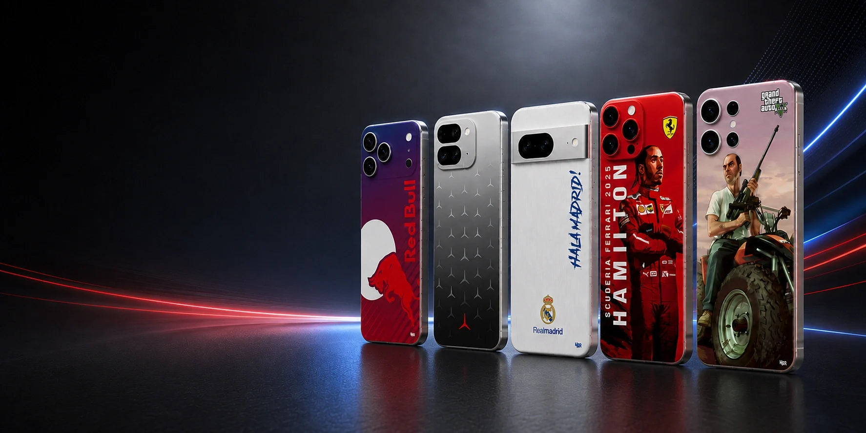 Phone skins — Red Bull, Mercedes, Real Madrid, Hamilton Ferrari, GTA V
